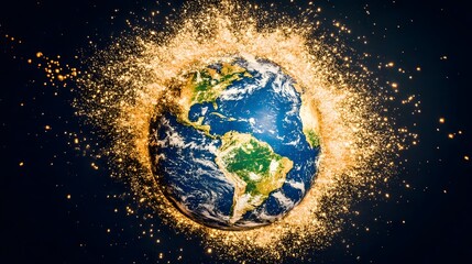 Wall Mural - Glowing Earth Surrounded by Sparkling Particles Against a Dark Cosmic Background