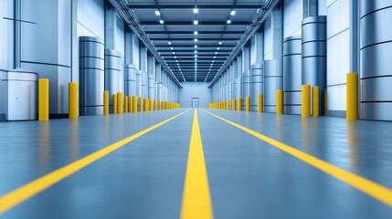 Poster - Modern warehouse interior with yellow lines, industrial design, and bright lighting