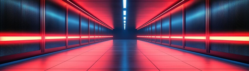 Poster - Futuristic corridor illuminated by vibrant red and blue lights in a modern setting.