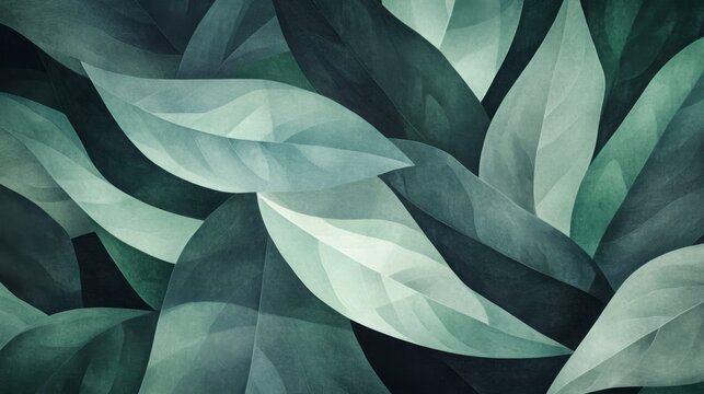 A modern, minimalist background of large, geometric leaves in dark green tones, contrasted with soft pastel gradients, creating a contemporary artistic feel.