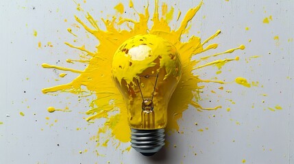 Poster - Creative concept with light bulb splattered in bright yellow paint on white background. Innovation and inspiration idea.