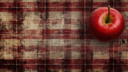 Canvas Print - Red Apple on Rustic Plaid Fabric Background