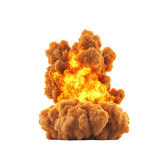 Poster - Large explosion creating orange and yellow smoke clouds against a clear blue sky background isolated on transparent background..