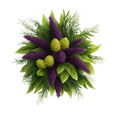Poster - Bouquet of purple flowers with green leaves on a white background for floral decor or design isolated on transparent background..