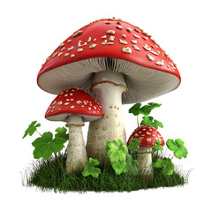 Poster - Group of mushrooms growing in green grass on a sunny day in a natural outdoor setting isolated on transparent background..