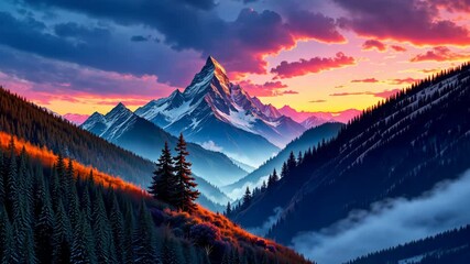 Fototapete - A mountain range with a large mountain in the background. The mountain is covered in snow. The sky is a mix of blue and pink