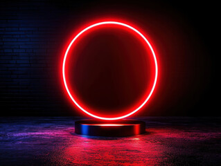 Wall Mural - a vibrant red neon circle light on a dark background