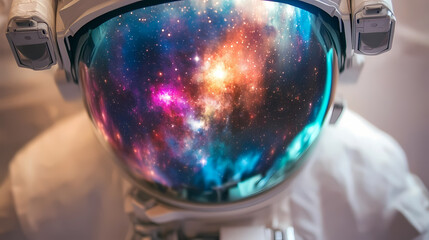 Wall Mural - Close-up of an astronauts helmet reflecting a distant galaxy, detailed stars and cosmic dust, space. Cosmic Astronaut Reflection. Illustration