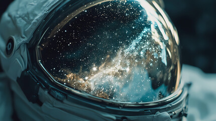 Wall Mural - Close-up of an astronauts helmet reflecting a distant galaxy, detailed stars and cosmic dust, space. Cosmic Astronaut Reflection. Illustration
