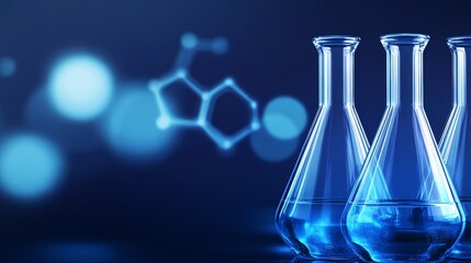 Poster - Laboratory scene featuring three glass flasks with blue liquid, scientific background with molecular structure