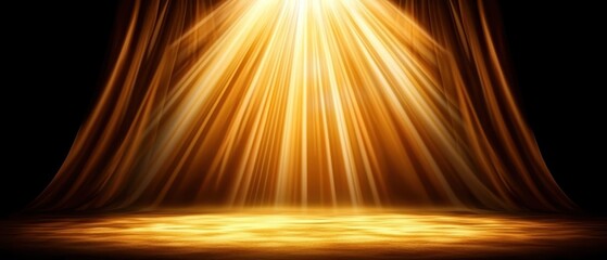Wall Mural - a dramatic stage setting with golden light rays emanating from above illuminating a golden floor