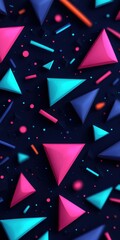 Wall Mural - a dynamic composition of glossy pink teal and blue triangles lines and dots against a dark backgroun