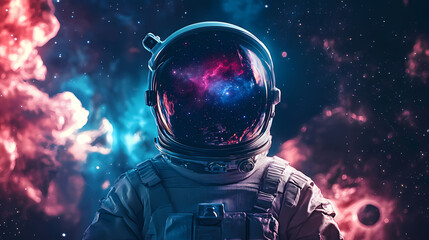 Wall Mural - Front view astronaut potrait. astronaut in space suit with galaxy and nebula reflection in helmet glass. deep space exploration. Cosmic Astronaut Reflection. Illustration