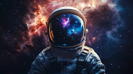 Wall Mural - Front view astronaut potrait. astronaut in space suit with galaxy and nebula reflection in helmet glass. deep space exploration. Cosmic Astronaut Reflection. Illustration