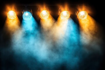 Wall Mural - four stage spotlights emitting blue and amber light beams through a smoky atmosphere