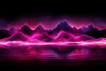 Wall Mural - a stunning digital artwork depicting a serene landscape at night. pink and purple neon lights illumi