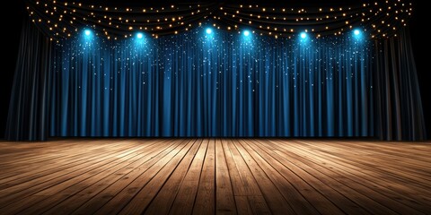 Wall Mural - an empty stage with blue curtains, a wooden floor and spotlights