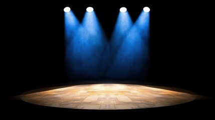 Wall Mural - an empty wooden platform illuminated by three blue spotlights against a black background