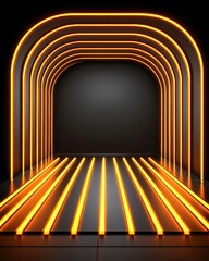 Wall Mural - a futuristic hallway with glowing neon orange lines forming arches and a pathway