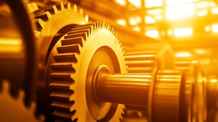 Poster - Close-up of interlocking gears in a warm-lit industrial setting, showcasing mechanical precision