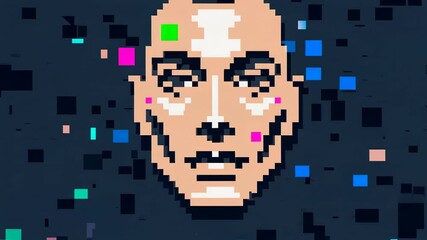 Poster - Artificial intelligence concept art featuring a pixelated android face glitching against a dark, pixelated background with colorful, random squares in slow motion