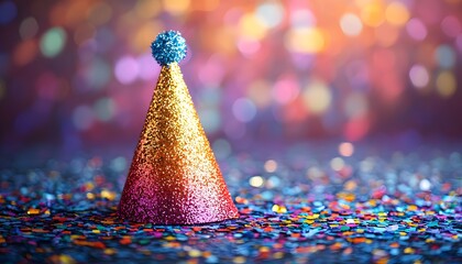 Poster - Vibrant Party Hat Surrounded by Colorful Confetti on a Table