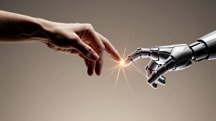 Poster - Robotic and human hand index fingers nearly touching, generating luminous energy spark against white backdrop, symbolizing technological connection and futuristic human machine interaction