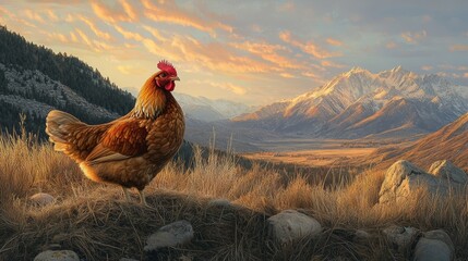 Wall Mural - Chicken standing on grassy hill at sunset with majestic mountains in the background. Rural landscape with golden light, peaceful and serene atmosphere concept