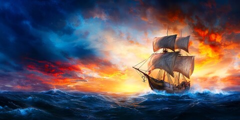 Poster - A majestic ship sails through turbulent seas under a dramatic, colorful sky at sunset, evoking adventure and exploration.