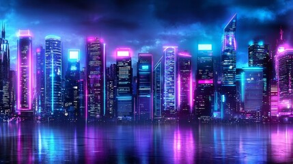 Wall Mural - A vibrant city skyline illuminated by neon lights in shades of pink and blue, reflecting on calm water under a moody sky.