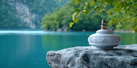 Poster - A serene lake scene featuring a decorative pot on a rocky surface, surrounded by lush greenery and crystal-clear waters.