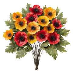 Poster - Bouquet of vibrant red and yellow flowers arranged in a decorative vase on a wooden table isolated on transparent background..