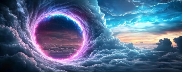 Wall Mural - a vibrant cosmic portal surrounded by swirling clouds, blending hues of blue, pink, and purple, crea