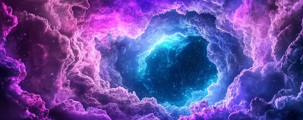 Wall Mural - A vibrant cosmic scene featuring swirling clouds of purple and blue, creating a mesmerizing portal effect against a starry background.