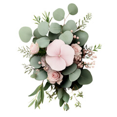 Poster - Bouquet of pink flowers with eucalyptus leaves arranged in a decorative manner on a neutral background isolated on transparent background..