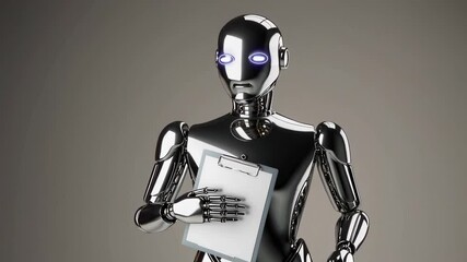 Aufkleber - Chrome humanoid robot gripping clipboard, smoothly rotating against neutral gray background, embodying technological innovation and advanced automation capabilities