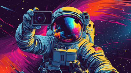 Wall Mural - an astronaut taking a selfie with a camera, showcasing a vibrant and colorful space theme. cosmic as