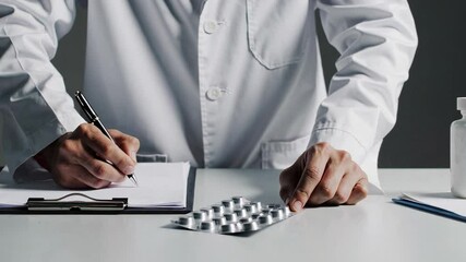 Aufkleber - Doctor in lab coat writing a prescription on a clipboard with a blister pack of pills and a medicine bottle on a white table, in slow motion