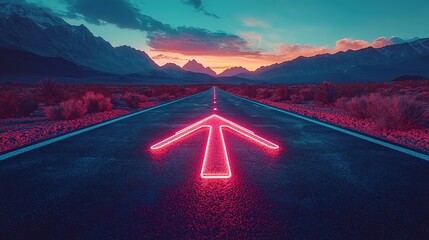 Poster - neon glowing arrows on the asphalt road passing through the desert with mountains. straight ahead wa
