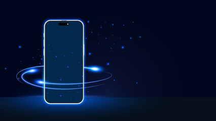 Poster - Modern Smartphone with Glowing Effects Surrounded by Light. Emitting Radiant Data Screen on Futuristic Blue Digital Background and Banner - Vector Image