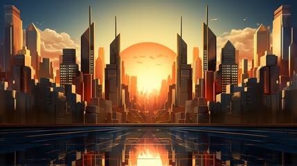 Wall Mural - futuristic cityscape at sunset: a digital painting of a modern metropolis