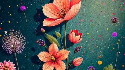 Poster - A painting of a flower garden with many different colored flowers. The flowers are in various sizes and are scattered throughout the painting