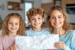 © Serjio - Momentos felices en la cocina familiar con padres e hijos mostrando un dibujo en casa