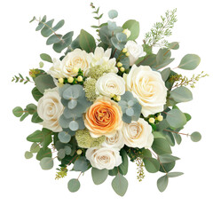Poster - Bouquet of white roses and eucalyptus leaves on a light background for floral arrangement decoration isolated on transparent background..