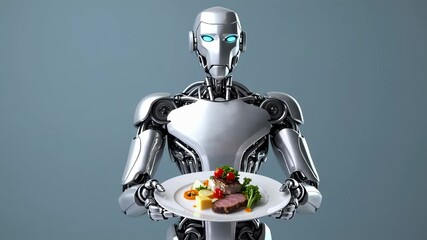Poster - Metallic humanoid robot serving gourmet meal with precise robotic movements, presenting carefully plated meat and vegetables on pristine white surface