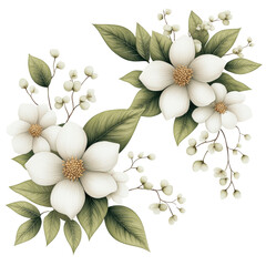 Poster - White flower with green leaves and buds on a blurred natural background in a garden setting isolated on transparent background..
