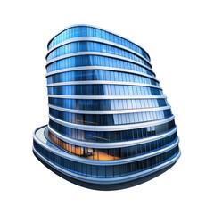 Poster - Modern commercial building with a sleek glass facade reflecting the sky and surrounding urban environment isolated on transparent background..