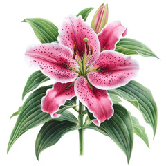 Poster - Pink lily flower with green leaves isolated on a white background for floral design and decoration isolated on transparent background..