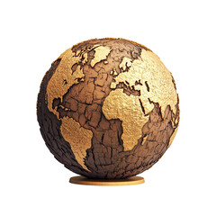 Poster - Gold and black globe on black background with geographical details and textured surface isolated on transparent background..