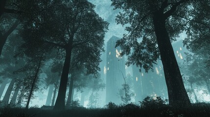 Wall Mural - Mysterious Forest Landscape with Tall Structures Emerging from Misty Environment and Intriguing Atmospheric Lighting Effects